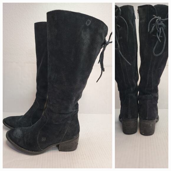 Born Boots Womens 10 M Felicia Knee High Side Zip Boot F33103 Black Suede Heels - Picture 1 of 9